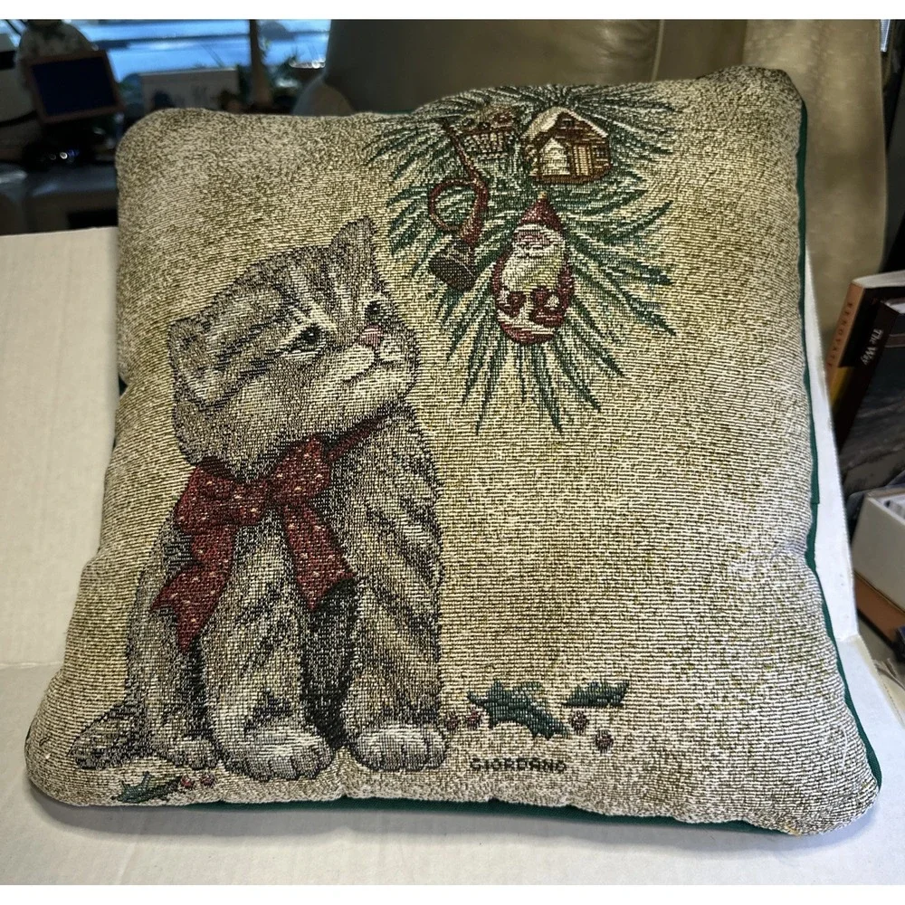 Vintage Christmas Kitten Tapestry Throw Pillow Santa Holly Bow Horn Embroidered